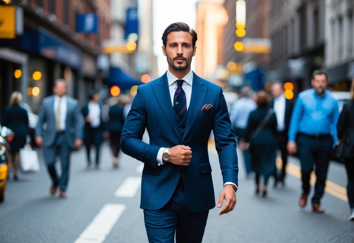 A man wearing a tailored suit and a Tudor watch walks confidently through a bustling city street